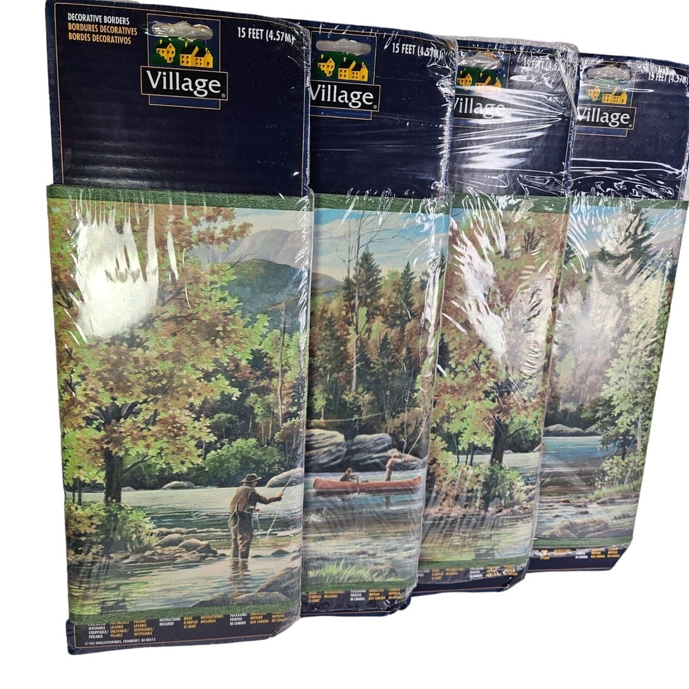 Wallpaper Border Fishing Canoe Mountain‎ Stream Scenery Fisherman Wall Decor New